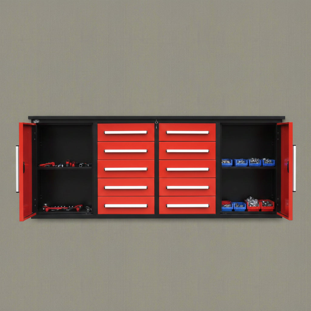 Red 7FT tool bench with drawers – front view

Blue tool chest storage drawers – side view

Stainless steel workbench close-up

Organized industrial tool station

Drawer slides and top workspace detail