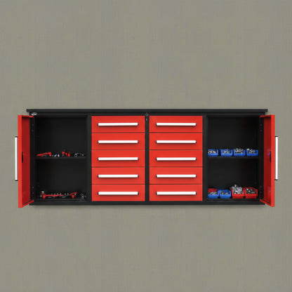 Red 7FT tool bench with drawers – front view

Blue tool chest storage drawers – side view

Stainless steel workbench close-up

Organized industrial tool station

Drawer slides and top workspace detail