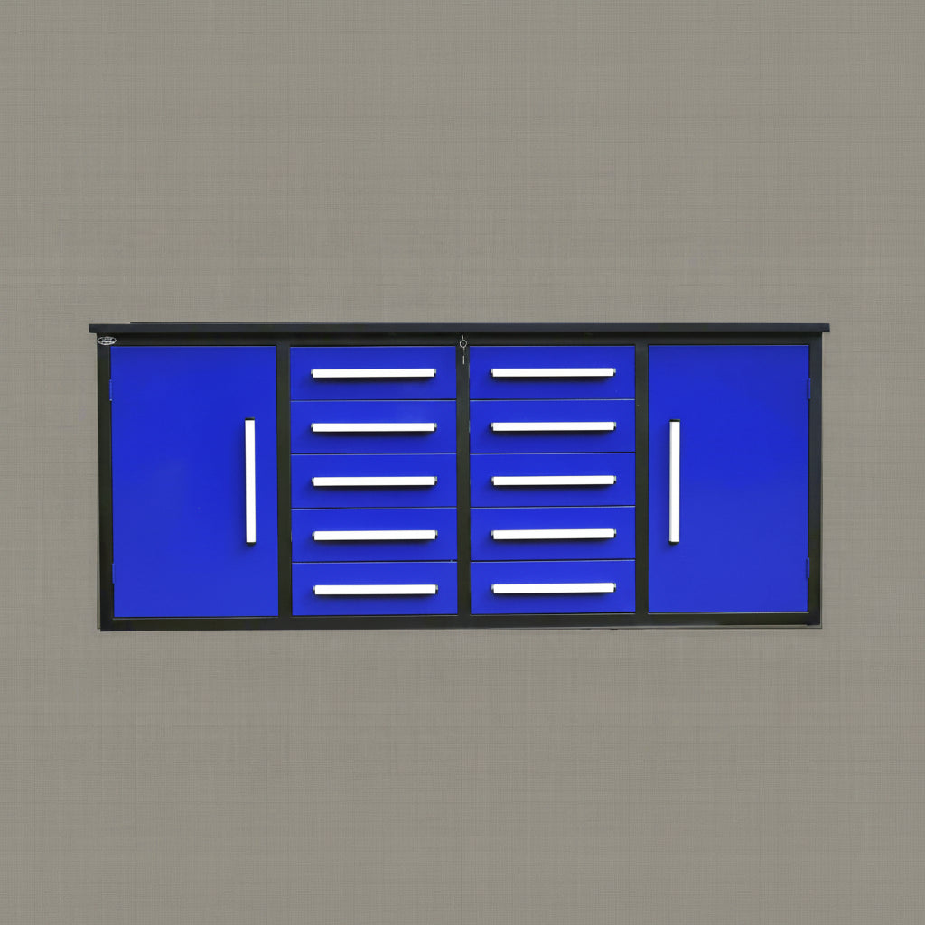 Red 7FT tool bench with drawers – front view

Blue tool chest storage drawers – side view

Stainless steel workbench close-up

Organized industrial tool station

Drawer slides and top workspace detail