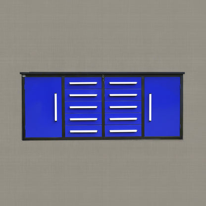 Red 7FT tool bench with drawers – front view

Blue tool chest storage drawers – side view

Stainless steel workbench close-up

Organized industrial tool station

Drawer slides and top workspace detail