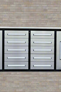 Red 7FT tool bench with drawers – front view

Blue tool chest storage drawers – side view

Stainless steel workbench close-up

Organized industrial tool station

Drawer slides and top workspace detail