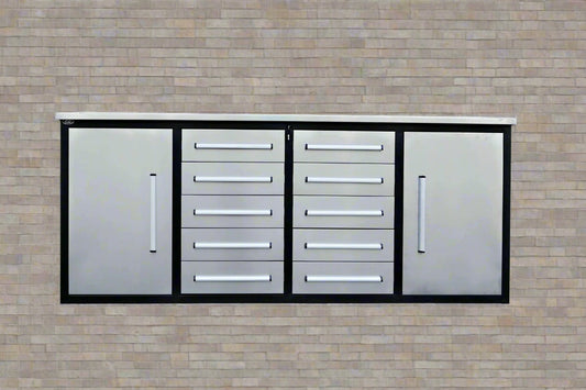 Red 7FT tool bench with drawers – front view

Blue tool chest storage drawers – side view

Stainless steel workbench close-up

Organized industrial tool station

Drawer slides and top workspace detail