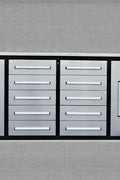 Red 7FT tool bench with drawers – front view

Blue tool chest storage drawers – side view

Stainless steel workbench close-up

Organized industrial tool station

Drawer slides and top workspace detail