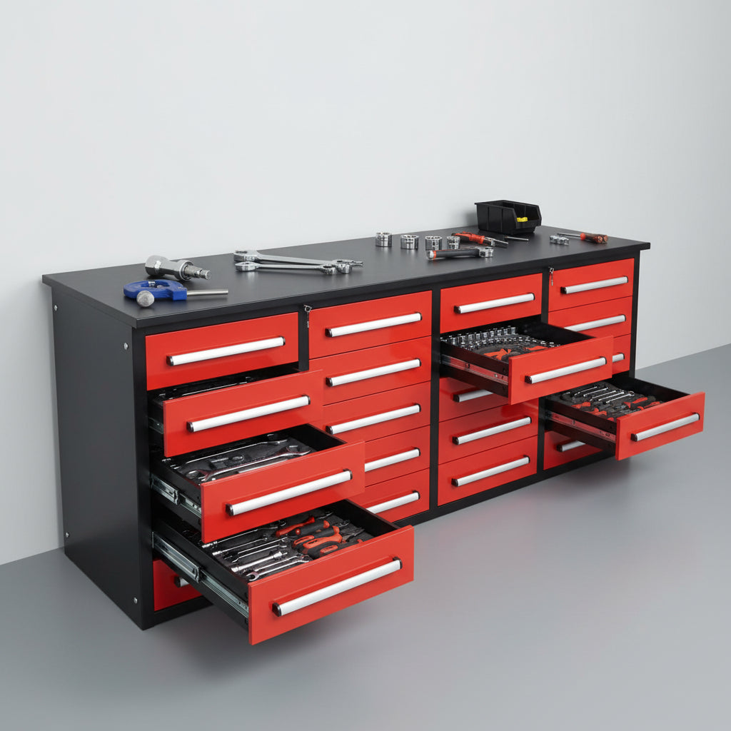Red 7FT tool bench with drawers – front view

Blue tool chest storage drawers – side view

Stainless steel workbench close-up

Organized industrial tool station

Drawer slides and top workspace detail