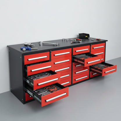 Red 7FT tool bench with drawers – front view

Blue tool chest storage drawers – side view

Stainless steel workbench close-up

Organized industrial tool station

Drawer slides and top workspace detail