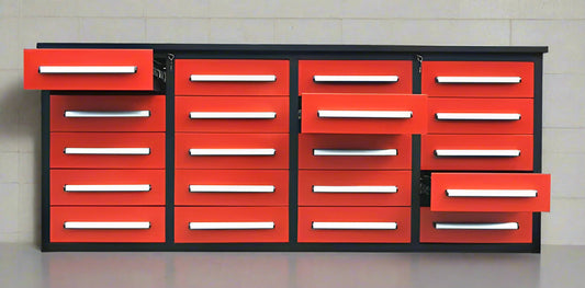 Red 7FT tool bench with drawers – front view

Blue tool chest storage drawers – side view

Stainless steel workbench close-up

Organized industrial tool station

Drawer slides and top workspace detail