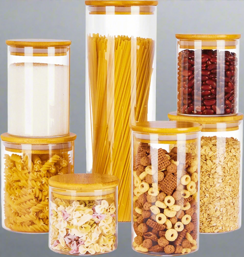7-pack clear glass food storage jars with bamboo lids – assorted sizes for pantry and kitchen organization