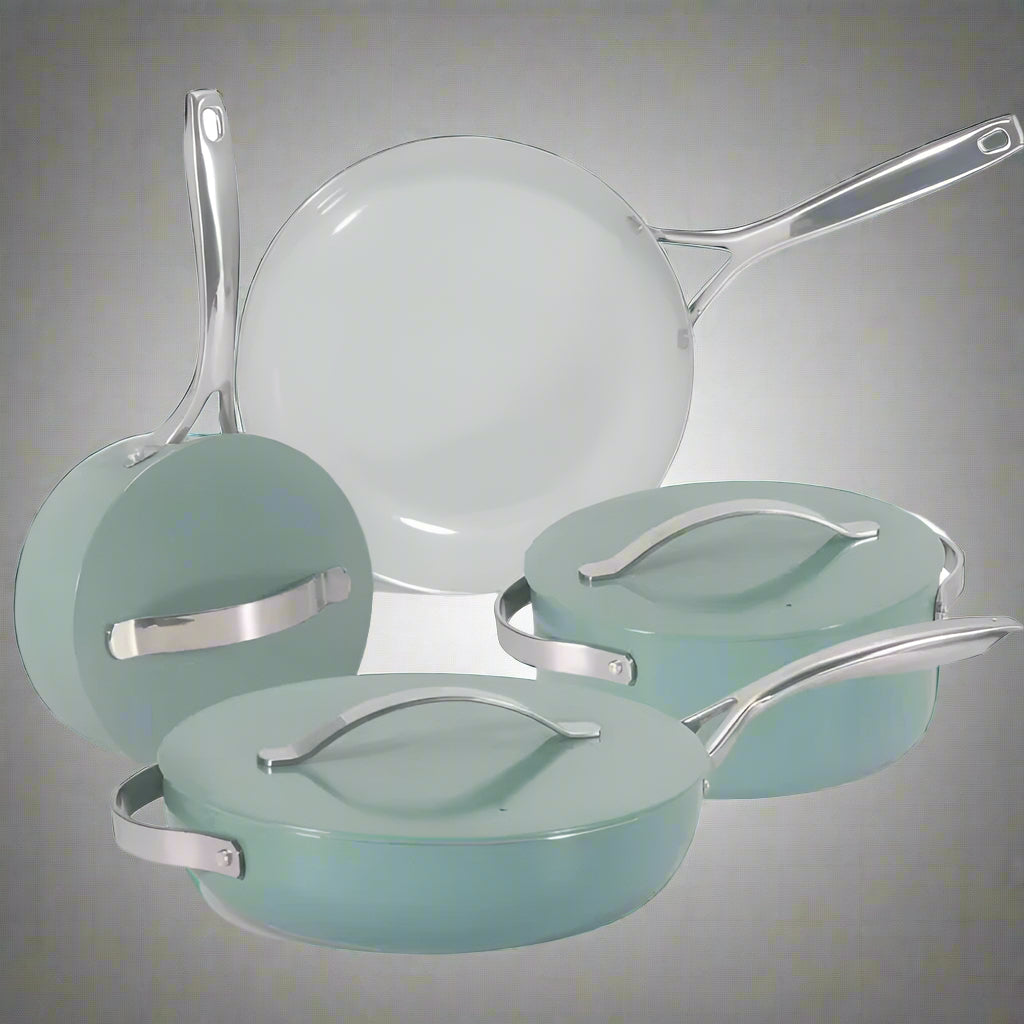 NEW 7 PIECE SET LUXURY CERAMIC NON STICK COOKWARE DUTCH OVEN PAN - with Sage | Sold by Uncle Wiener's Wholesale