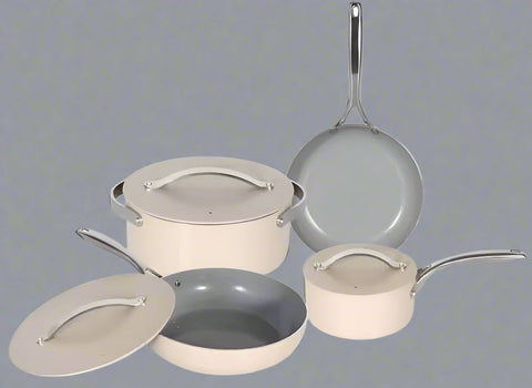 NEW 7 PIECE SET LUXURY CERAMIC NON STICK COOKWARE DUTCH OVEN PAN - with Cream | Sold by Uncle Wiener's Wholesale
