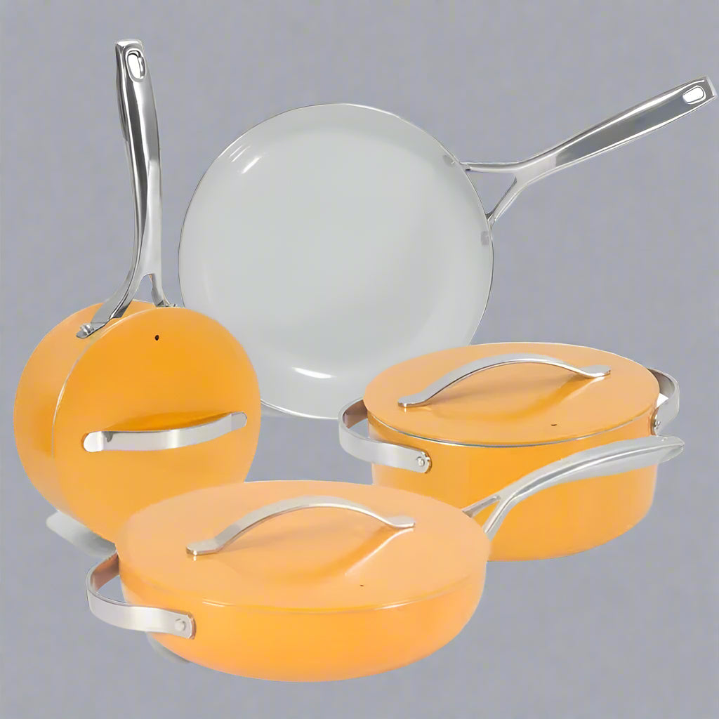 NEW 7 PIECE SET LUXURY CERAMIC NON STICK COOKWARE DUTCH OVEN PAN - with Marigold | Sold by Uncle Wiener's Wholesale