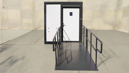 7-foot ADA-compliant portable restroom with ramp in outdoor setting
Inside view of wheelchair-accessible bathroom interior
Front door of handicap bathroom unit with ramp
Washbasin and toilet setup in ADA portable unit
Side view of accessible bathroom setup