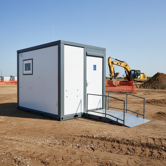 7-foot ADA-compliant portable restroom with ramp in outdoor setting
Inside view of wheelchair-accessible bathroom interior
Front door of handicap bathroom unit with ramp
Washbasin and toilet setup in ADA portable unit
Side view of accessible bathroom setup