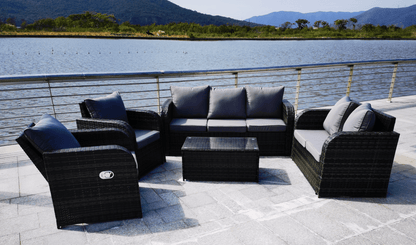 "7-Seat Outdoor Recliner Sofa Set with Coffee Table"

"Weatherproof Rattan Patio Sofa and Recliners Gray"

"Backyard Outdoor Lounge Set 7-Piece Furniture"

"Gray Rattan Outdoor Recliner Set with Cushions"

"Luxury Outdoor Recliner Sofa Set for Garden Patio"