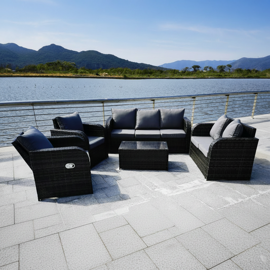 "7-Seat Outdoor Recliner Sofa Set with Coffee Table"

"Weatherproof Rattan Patio Sofa and Recliners Gray"

"Backyard Outdoor Lounge Set 7-Piece Furniture"

"Gray Rattan Outdoor Recliner Set with Cushions"

"Luxury Outdoor Recliner Sofa Set for Garden Patio"