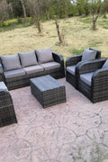 "7-Seat Outdoor Recliner Sofa Set with Coffee Table"

"Weatherproof Rattan Patio Sofa and Recliners Gray"

"Backyard Outdoor Lounge Set 7-Piece Furniture"

"Gray Rattan Outdoor Recliner Set with Cushions"

"Luxury Outdoor Recliner Sofa Set for Garden Patio"
