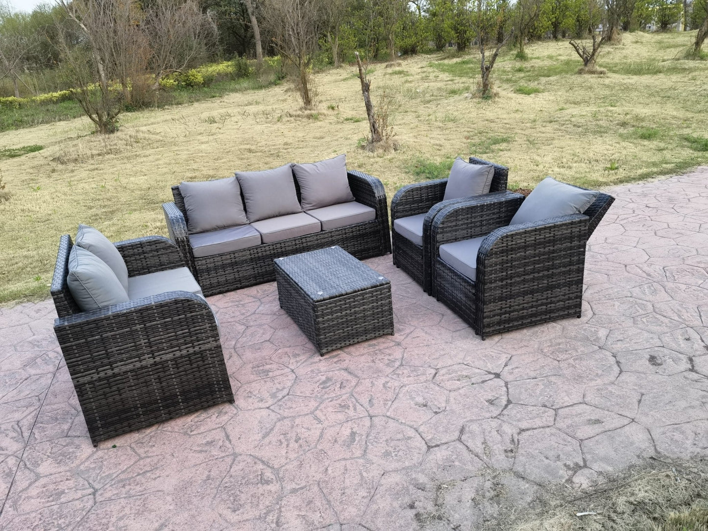 "7-Seat Outdoor Recliner Sofa Set with Coffee Table"

"Weatherproof Rattan Patio Sofa and Recliners Gray"

"Backyard Outdoor Lounge Set 7-Piece Furniture"

"Gray Rattan Outdoor Recliner Set with Cushions"

"Luxury Outdoor Recliner Sofa Set for Garden Patio"