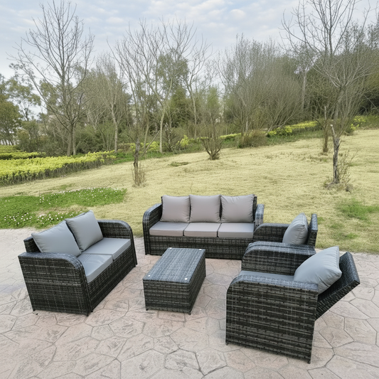"7-Seat Outdoor Recliner Sofa Set with Coffee Table"

"Weatherproof Rattan Patio Sofa and Recliners Gray"

"Backyard Outdoor Lounge Set 7-Piece Furniture"

"Gray Rattan Outdoor Recliner Set with Cushions"

"Luxury Outdoor Recliner Sofa Set for Garden Patio"