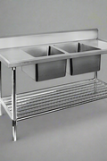Stainless steel double sink table with undershelf

Commercial two-compartment sink with backsplash

70” industrial kitchen sink with polished finish