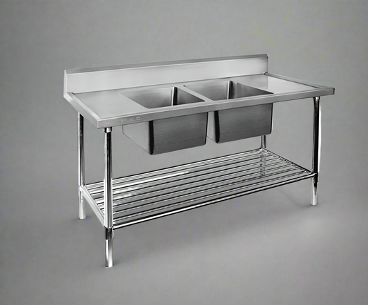 Stainless steel double sink table with undershelf

Commercial two-compartment sink with backsplash

70” industrial kitchen sink with polished finish