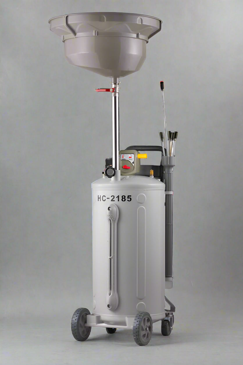 70L air-operated waste oil extractor with adjustable funnel
Portable oil drain tank on wheels with suction kit HC2185
Heavy-duty waste oil cart for automotive repair