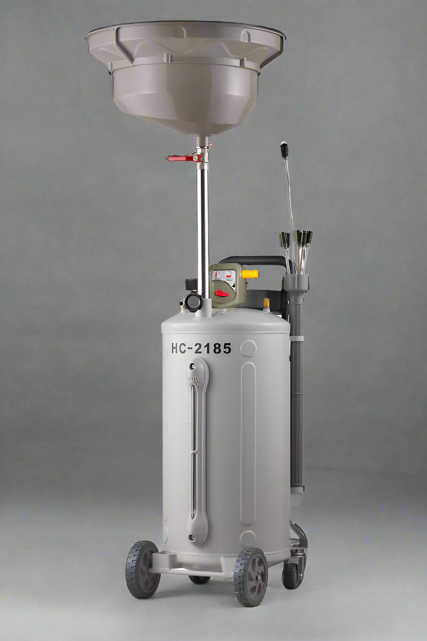 70L air-operated waste oil extractor with adjustable funnel
Portable oil drain tank on wheels with suction kit HC2185
Heavy-duty waste oil cart for automotive repair
