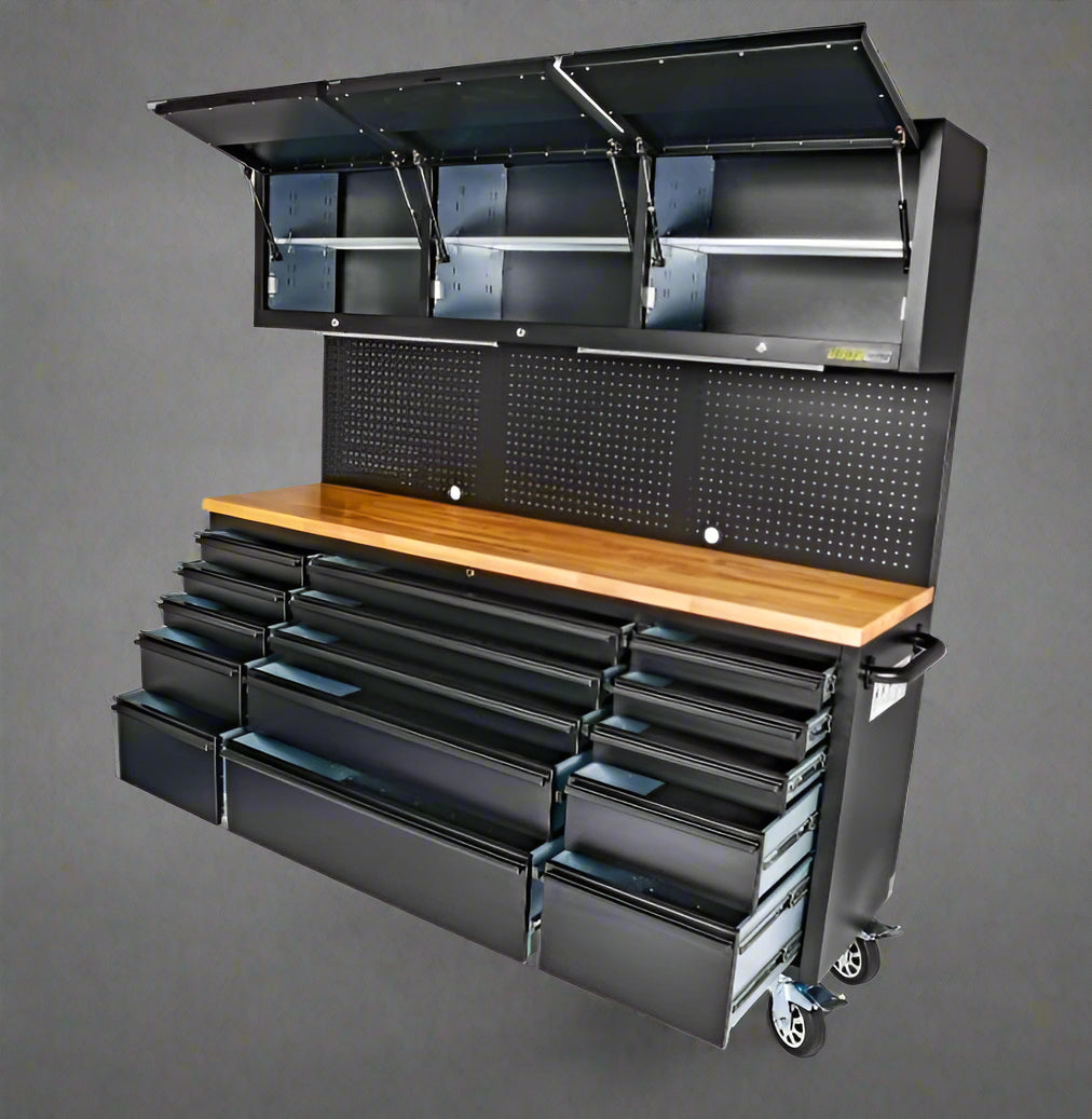 “72 inch black rolling tool cabinet with wood workbench top”

“Heavy-duty tool chest with 18 drawers for garage use”

“Workshop steel storage cabinet with lockable drawers”

“Industrial mobile tool box with solid wood top and wheels”

