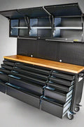 “72 inch black rolling tool cabinet with wood workbench top”

“Heavy-duty tool chest with 18 drawers for garage use”

“Workshop steel storage cabinet with lockable drawers”

“Industrial mobile tool box with solid wood top and wheels”

