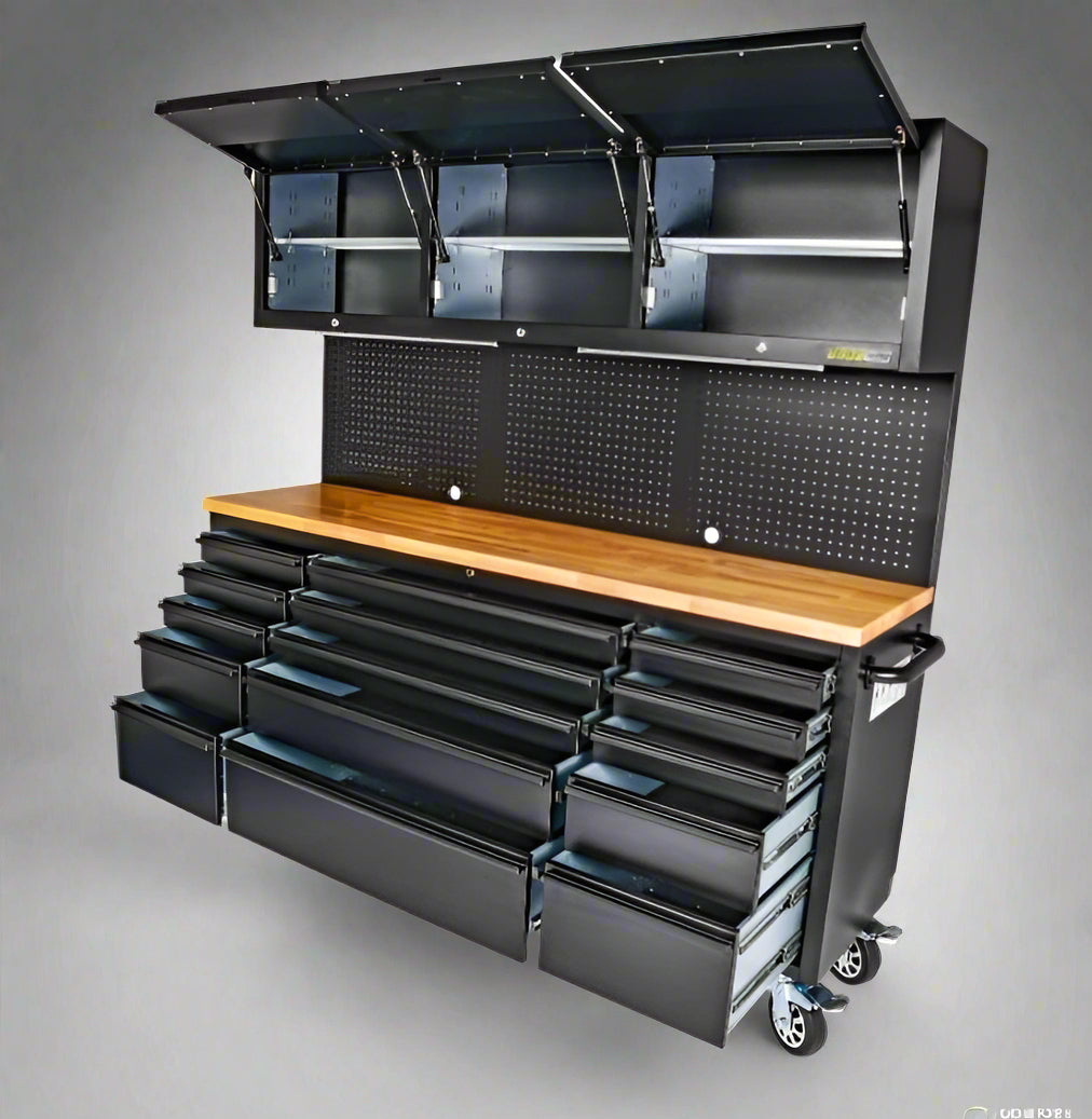 “72 inch black rolling tool cabinet with wood workbench top”

“Heavy-duty tool chest with 18 drawers for garage use”

“Workshop steel storage cabinet with lockable drawers”

“Industrial mobile tool box with solid wood top and wheels”

