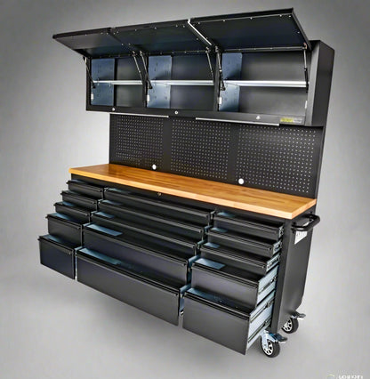 “72 inch black rolling tool cabinet with wood workbench top”

“Heavy-duty tool chest with 18 drawers for garage use”

“Workshop steel storage cabinet with lockable drawers”

“Industrial mobile tool box with solid wood top and wheels”


