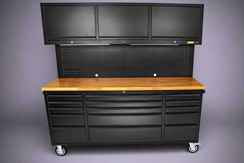 “72 inch black rolling tool cabinet with wood workbench top”

“Heavy-duty tool chest with 18 drawers for garage use”

“Workshop steel storage cabinet with lockable drawers”

“Industrial mobile tool box with solid wood top and wheels”

