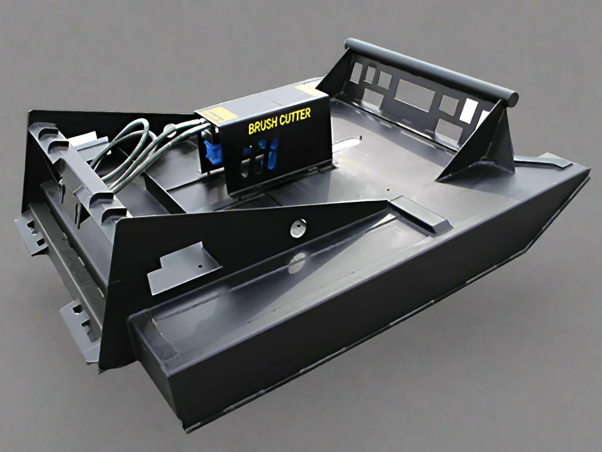 72 inch skid steer brush mower angled view

Underside of heavy-duty cutting blades

66 inch mower installed on skid steer

Skid steer clearing brush and saplings

Blade set and replacement part display