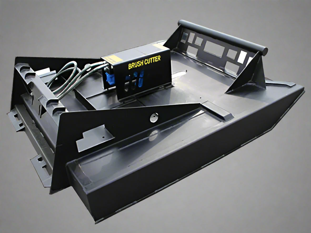 72 inch skid steer brush mower angled view

Underside of heavy-duty cutting blades

66 inch mower installed on skid steer

Skid steer clearing brush and saplings

Blade set and replacement part display
