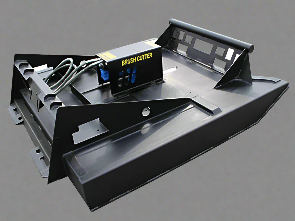 72 inch skid steer brush mower angled view

Underside of heavy-duty cutting blades

66 inch mower installed on skid steer

Skid steer clearing brush and saplings

Blade set and replacement part display
