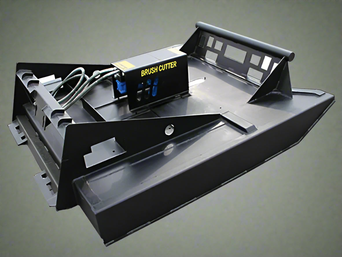 72 inch skid steer brush mower angled view

Underside of heavy-duty cutting blades

66 inch mower installed on skid steer

Skid steer clearing brush and saplings

Blade set and replacement part display