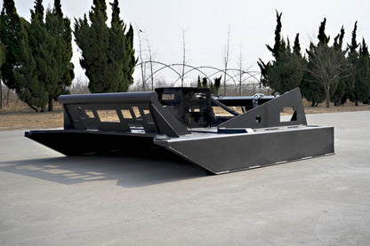 72 inch skid steer brush mower angled view

Underside of heavy-duty cutting blades

66 inch mower installed on skid steer

Skid steer clearing brush and saplings

Blade set and replacement part display