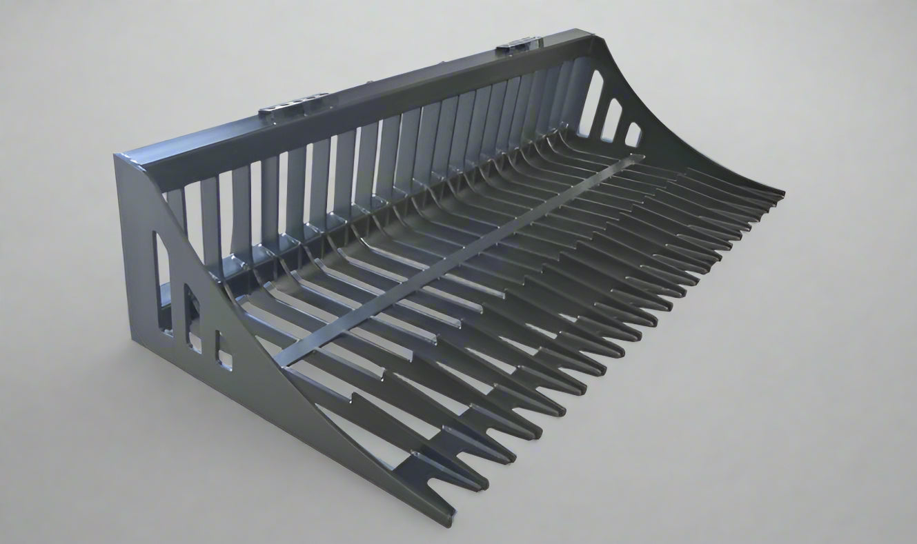 Heavy-duty skid steer skeleton rock bucket – front angled view

Close-up of reinforced steel tines and grapple mounts

84” rock bucket on skid steer in yard cleanup

Side view of skeleton-style skid loader bucket

Multiple bucket sizes displayed on gravel lot