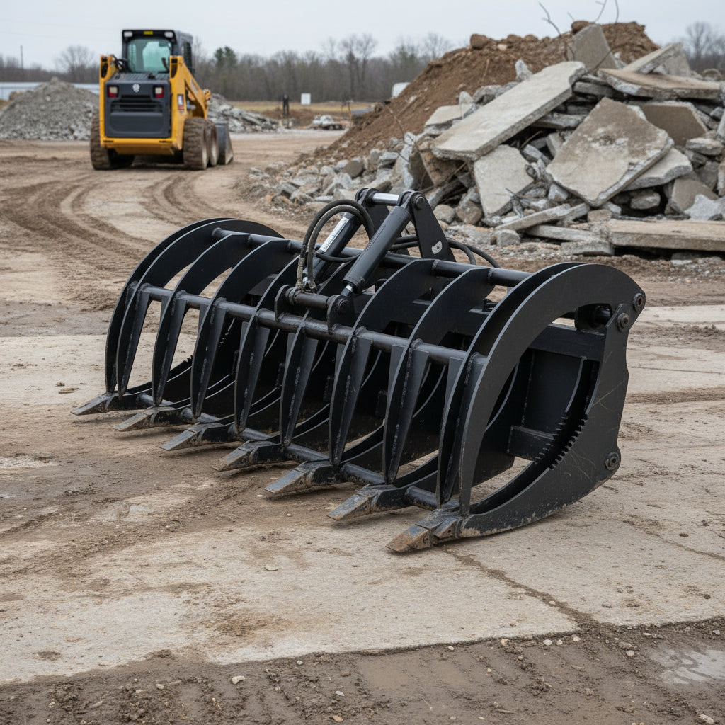 Front view of 72" grapple rake

84" skid steer root grapple in action

Dual hydraulic cylinders close-up

Grapple rake with wide jaw opening

Teeth and frame detail