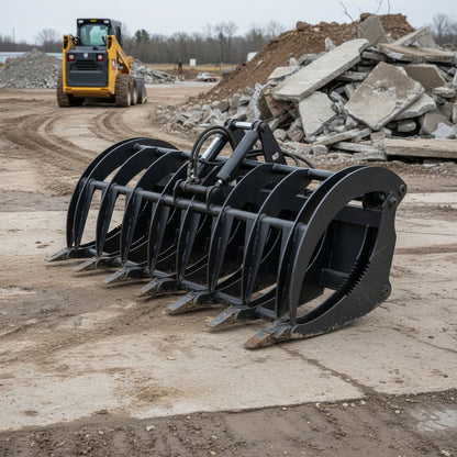 Front view of 72" grapple rake

84" skid steer root grapple in action

Dual hydraulic cylinders close-up

Grapple rake with wide jaw opening

Teeth and frame detail