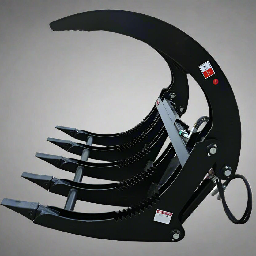Front view of 72" grapple rake

84" skid steer root grapple in action

Dual hydraulic cylinders close-up

Grapple rake with wide jaw opening

Teeth and frame detail