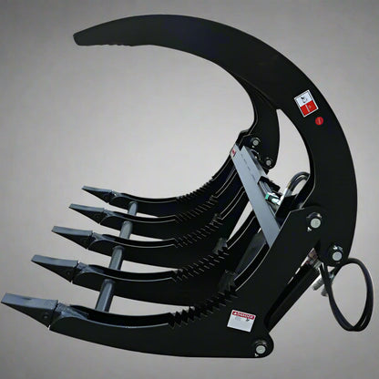Front view of 72" grapple rake

84" skid steer root grapple in action

Dual hydraulic cylinders close-up

Grapple rake with wide jaw opening

Teeth and frame detail