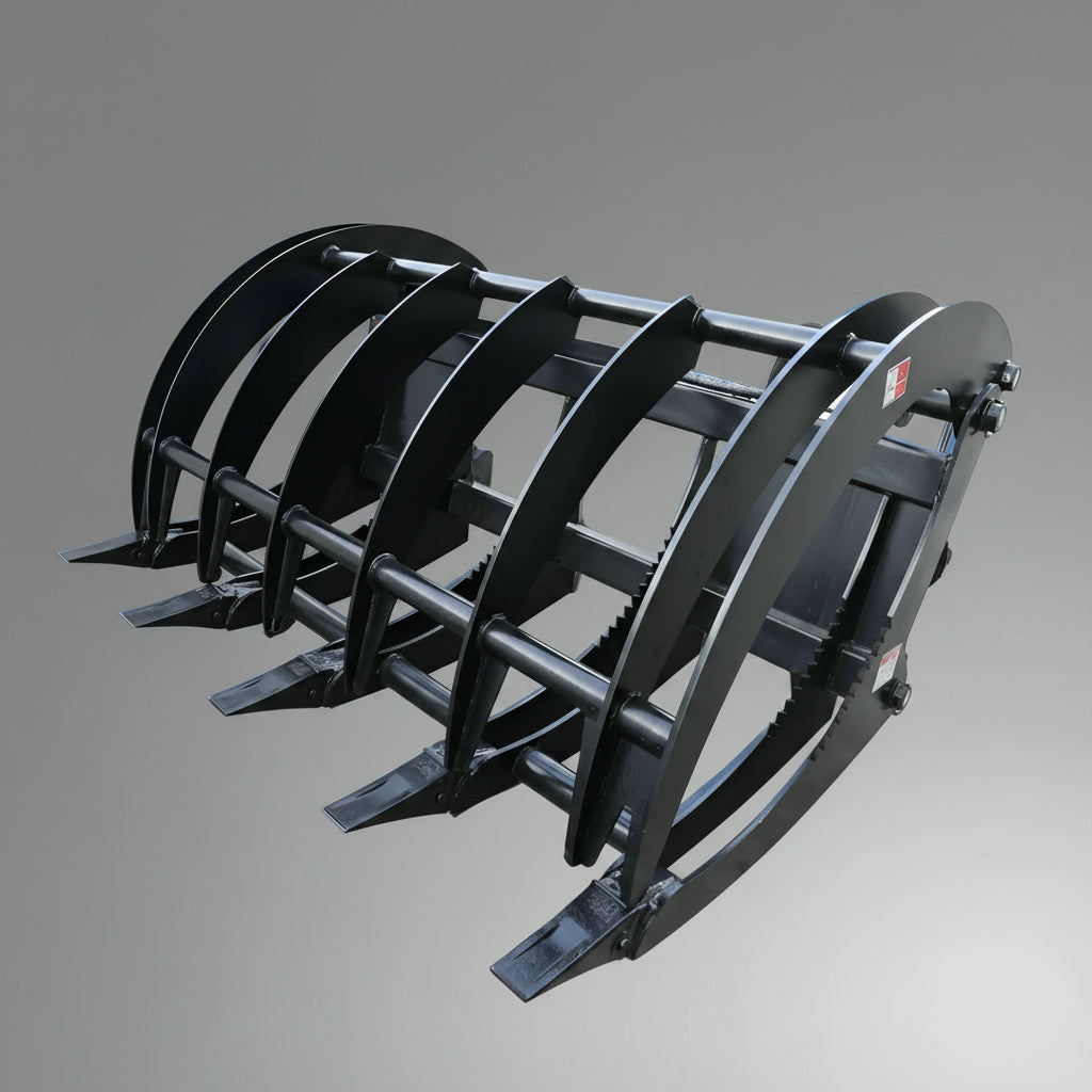 Front view of 72" grapple rake

84" skid steer root grapple in action

Dual hydraulic cylinders close-up

Grapple rake with wide jaw opening

Teeth and frame detail