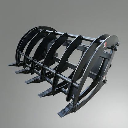 Front view of 72" grapple rake

84" skid steer root grapple in action

Dual hydraulic cylinders close-up

Grapple rake with wide jaw opening

Teeth and frame detail