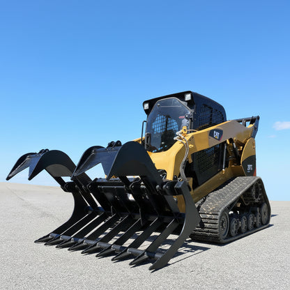 72" skid steer grapple bucket front view

84" rock grapple on skid steer in action

Close-up of dual hydraulic cylinder and hose setup

Heavy-duty tines and steel frame

Grapple holding large rocks and debris

