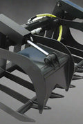 72" skid steer grapple bucket front view

84" rock grapple on skid steer in action

Close-up of dual hydraulic cylinder and hose setup

Heavy-duty tines and steel frame

Grapple holding large rocks and debris

