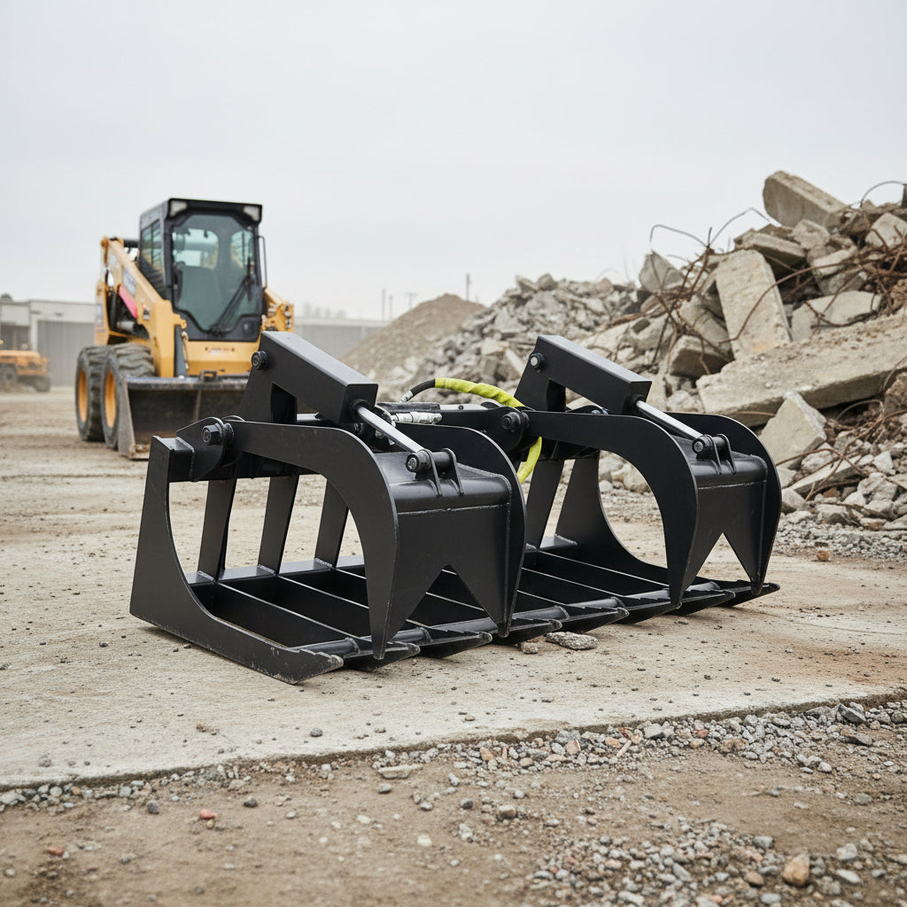 72" skid steer grapple bucket front view

84" rock grapple on skid steer in action

Close-up of dual hydraulic cylinder and hose setup

Heavy-duty tines and steel frame

Grapple holding large rocks and debris

