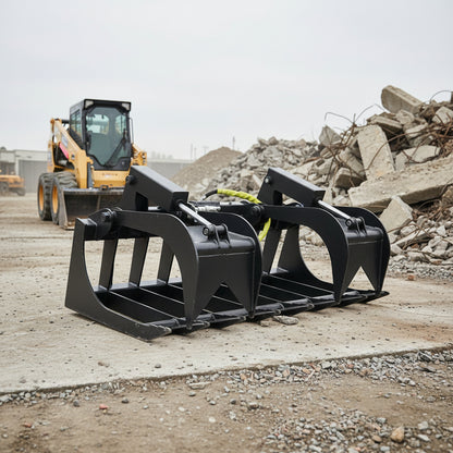 72" skid steer grapple bucket front view

84" rock grapple on skid steer in action

Close-up of dual hydraulic cylinder and hose setup

Heavy-duty tines and steel frame

Grapple holding large rocks and debris

