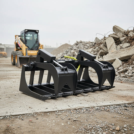 72" skid steer grapple bucket front view

84" rock grapple on skid steer in action

Close-up of dual hydraulic cylinder and hose setup

Heavy-duty tines and steel frame

Grapple holding large rocks and debris

