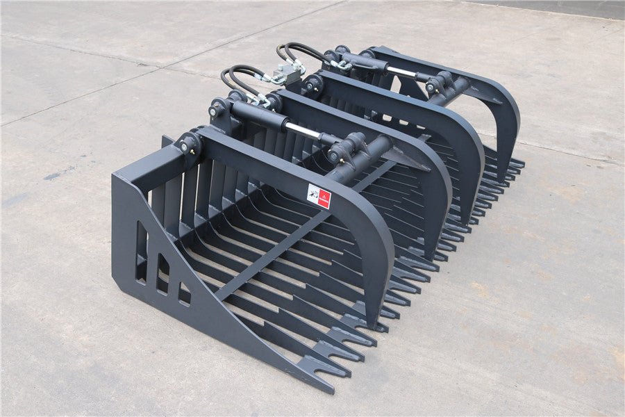 72" root grapple bucket attachment front view
Heavy-duty grapple bucket with dual hydraulic cylinders
Side view of SS grapple bucket in black finish
Top-angle view of 84" grapple for skid steer