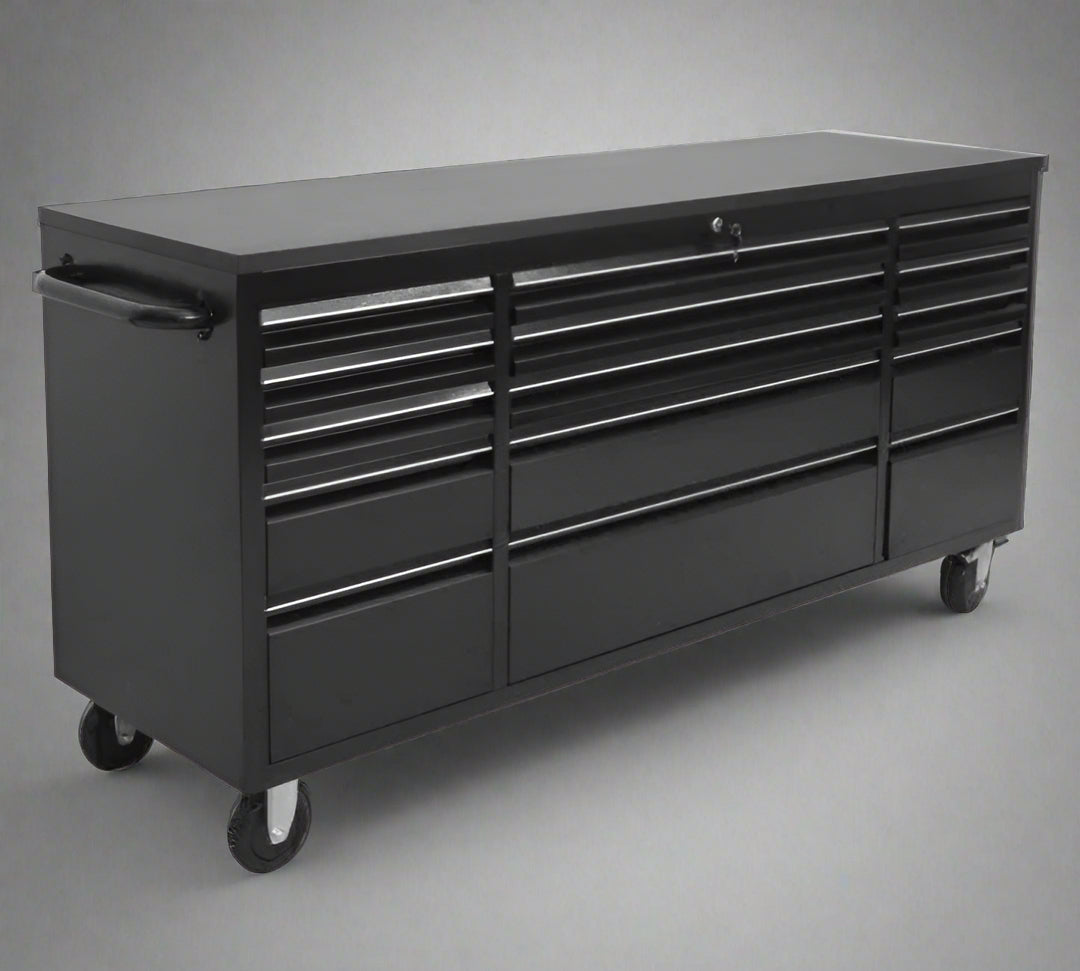 72” Black Rolling Tool Chest with Wood Top – Angled Front View

Black Steel 15-Drawer Workbench – Open Drawers

Locking Mechanism and Handle – Close-Up

Rear View of Rolling Tool Bench on Casters