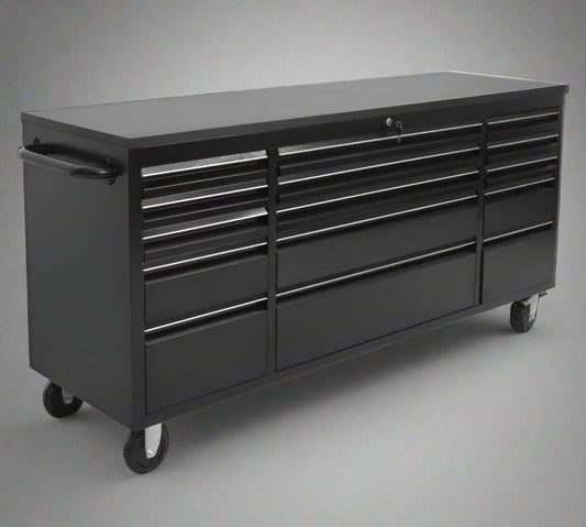 72” Black Rolling Tool Chest with Wood Top – Angled Front View

Black Steel 15-Drawer Workbench – Open Drawers

Locking Mechanism and Handle – Close-Up

Rear View of Rolling Tool Bench on Casters